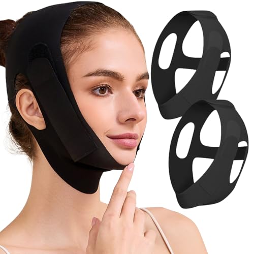 2 Pack Face Slimming Strap, Double Chin Reducer Band, Graphene V-Line Mask Chin Up Mask V Shaped Face Mask Chin strap for sleeping, V-Line Lifting Mask for Women, Medium, Black and Black