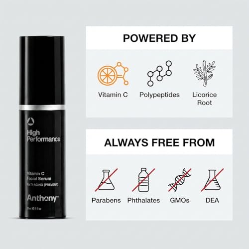 Anthony High Performance Vitamin C Cream Treatment, Advanced Anti-Aging Face Serum with Polypeptides and Salicylic Acid, Dark Spot Corrector Brightening Moisturizer, Hydrates Evens Skin Tone, 1 Fl Oz