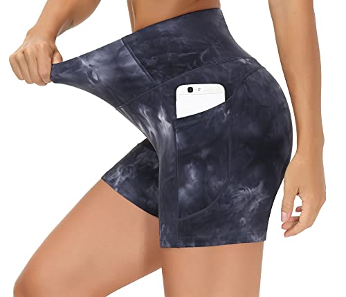 THE GYM PEOPLE High Waist Yoga Shorts for Women Tummy Control Fitness Athletic Workout Running Shorts with Deep Pockets (Small, Tie Dye Black Grey)