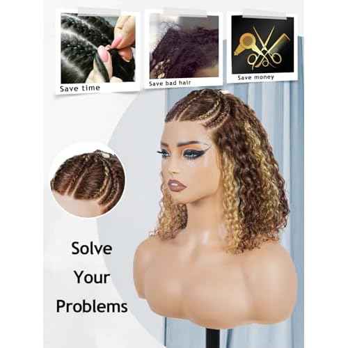 Ready to Go 13x4 Lace Front Wigs Human Hair Highlight 4/27 Braiding Curly Bob Wigs For Black Women Pre Plucked Pre Bleach Natural Hairline Water Wave Lace Front Wigs 200% Density 12 Inch