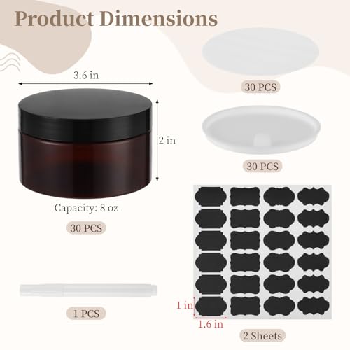 30 PCS 8 oz Plastic Lotion Containers with Lids, Refillable Amber Cosmetic Jar with Leakproof Gasket & Inner Pull Tab, Empty Round Sample Container for Cream Lotion Body Butter Makeup Travel Storage