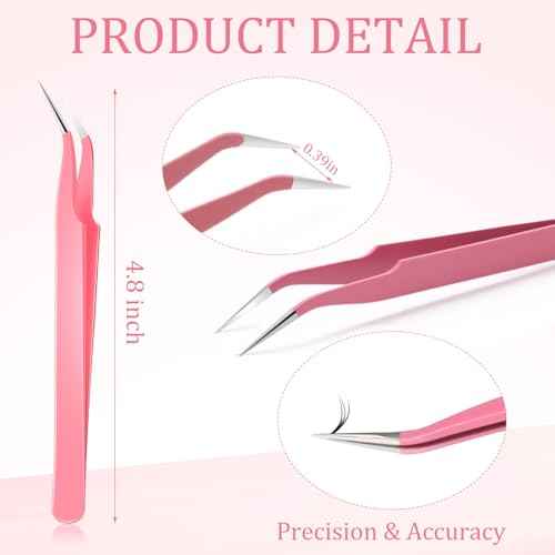 Honoson 9 Pieces Curved Pointed Craft Tweezers Stainless Steel Precision Tweezer with Protective Cover for Rhinestones Dried Flowers Craft Stickers Eyelash Extension Jewelry Making(Pink)