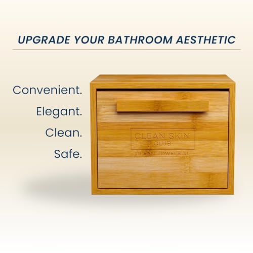 Clean Skin Club Luxe Bamboo container with pullout drawer includes Clean Towels¢ç Original XL 50 Count, Disposable Face Towel Holder for Bathroom Counter
