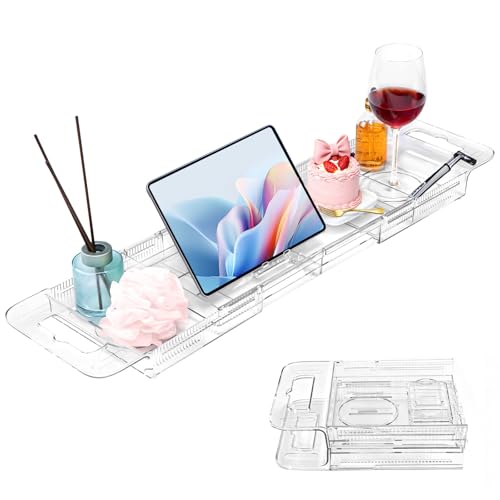 Expandable Clear Acrylic Bathtub Tray Caddy with Phone Holder