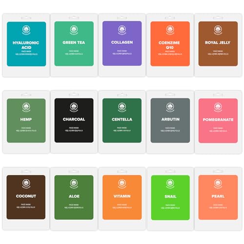 Name Skin Care Korean Cloth Sheet Face Mask Set of 15 - Facial Skin Care Hydrating Hyaluronic Acid Collagen Producing K Beauty Products - Moisturizing Brightening Asian Anti Aging KBeauty Gel FaceMask