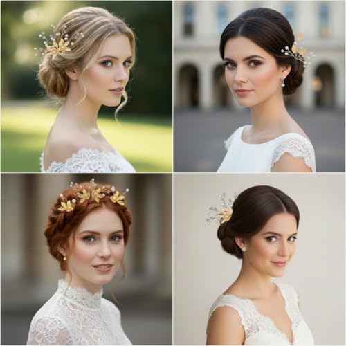 Gold Leaf Bridal Hair Pins with Pearl Rhinestones - 10 Pieces