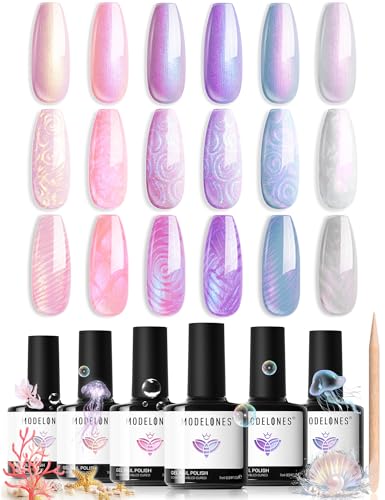 Modelones Gel Nail Polish Glitter Pearl Set - 6 Colors with Iridescent Pearl Effect