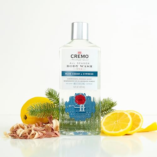 Cremo Rich-Lathering Blue Cedar & Cypress Body Wash for Men, A Woodsy Scent with Notes of Lemon Peel, Cypress and Cedar, 16 Fl Oz