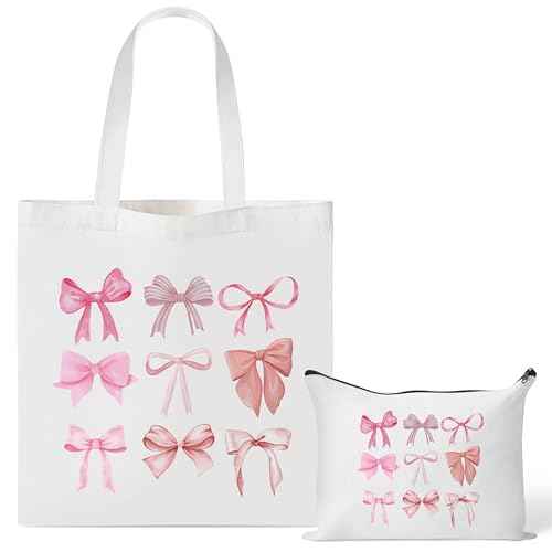 Y1tvei Pink Bows Canvas Bag - 2Pcs Coquette Bowtie Preppy Makeup Bag Set Cute Aesthetic Pink Bow Canvas Tote Bag, Reusable Grocery Folding Shopping Bag, Stuff Zipper Pouch Gifts for Women Party Favors