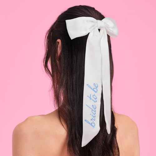 xo, Fetti Blue Bride to Be Embroidered White Hair Bow | Bachelorette Party Hairpiece, Bridal Shower Accessory, Bridesmaid Gift, Wedding Headband, Engagement Accessory