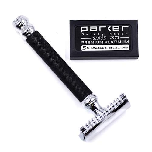 Parker Open Comb Double Edge Safety Razor ? Heavyweight Chrome Handle for Closer Shaves ? Includes 5 Razor Blades ? Ideal for Men with Thick or Coarse Beards (26C - Graphite Gray)