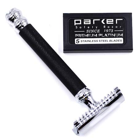 Parker Deluxe OPEN COMB Double Edge Safety Razor, Electroplated Brass Handle, 5 Blade Refills Included (26C - Graphite Gray)