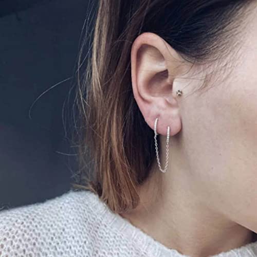 Boho Double Chain Hoop Earrings Silver Cz Hoop Chain Earrings Punk Dangle Chain Earrings Rhinestone Huggies Earrings Jewelry for Women Gifts (Silver)