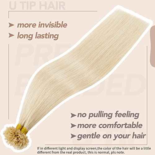 S-noilite U Tip Hair Extensions Human Hair Blonde U Tip Fusion Hair Pre Bonded Nail Tipped Hair Italian Keratin Glue Remy Human Hair Straight 100 Strands/50g 16" (#60 Platinum Blonde)