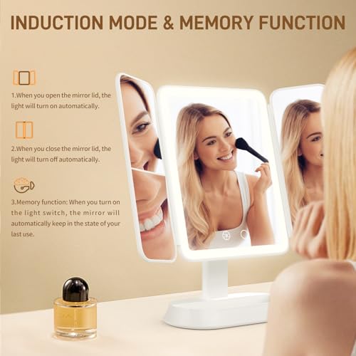 FRANO Rechargeable Trifold Makeup Mirror with 3X/5X Magnification & Dimmable LED Lights