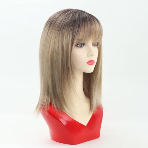 Ombre Blonde Bob Wig with Bangs 14" Layered Straight Synthetic