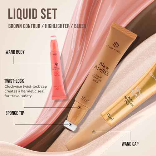 Color Nymph Liquid Makeup Wand Combo, Hydrating Brown Contour Stick Glow Liquid Highlighter Pigmented Blush For Cheeks Fine Texture Natural Blend Long Lasting (Brown Contour+Blush+Highlighter)