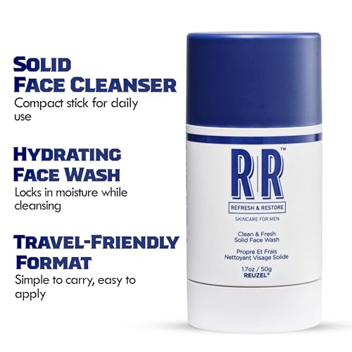 REUZEL Clean and Fresh Solid Face Wash Stick, Locks in Hydration, Cleansing, Moisturizing, Vegan Formula, Sulfate and Paraben Free, Light Maculine Scent, 1.7 oz