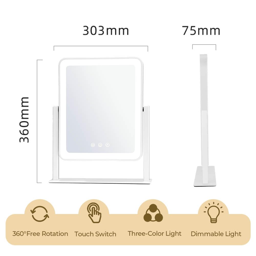 Leadzones Makeup Vanity Mirror with Lights,Tabletop Led Desk Mirror with Lights and Magnification,Smart Touch Control 3 Colors Light 360°Rotation,Espejo con luz para maquillaje