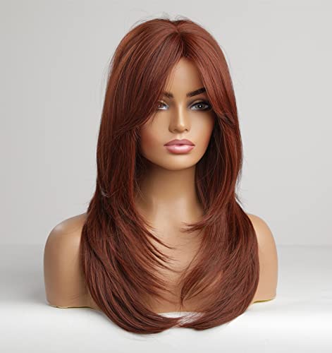 vedar Red Head, Synthetic Hair Red Wigs with Bangs, Natural Wavy Layered Long Hair Copper Red Wigs for Women, 20 inch VEDAR-270