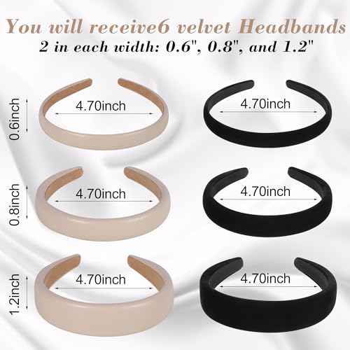 Velvet Headbands for Women and Teens, 6PCS Non-Slip Padded Hairbands with 3 Width Options (0.6", 0.8", 1.2"), Soft Comfortable Hair Accessories for Daily Wear, Makeup, Sports, and Gifts