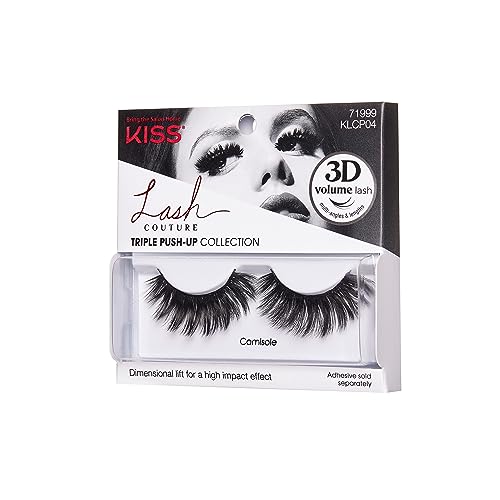 KISS Lash Couture Triple Push Up Collection, 3D Volume False Eyelashes with Triple Design Technology, Multi-Angles & Lengths, Reusable, Style 'Camisole', 1 Pair Fake Eyelashes