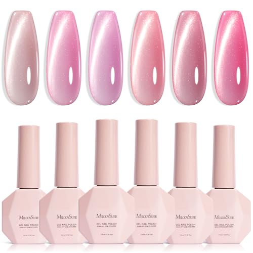 Pink Gem Cat Eye Gel Nail Polish Set - 6 Colors with Magnet, UV Long-Lasting Manicure