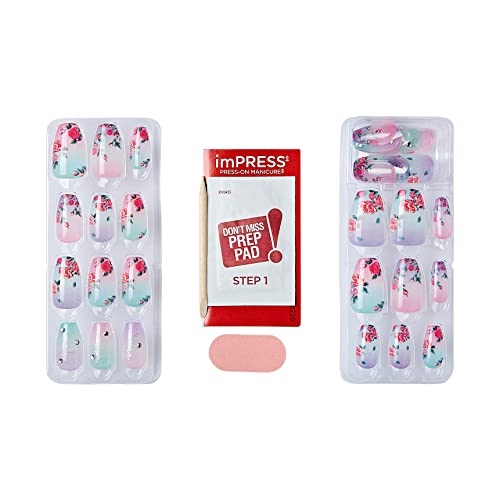 KISS LoveShackFancy x imPRESS Press-On Manicure Limited Edition, Style "Lilac Crush" Medium Coffin Purple Press-On Nails, Includes Prep Pad, Mini Nail File, Cuticle Stick, & 30 Fake Nails