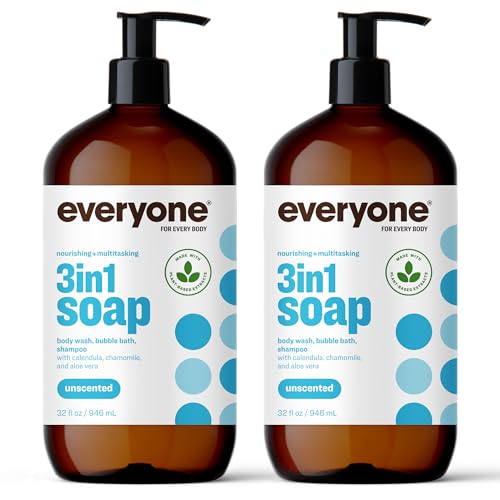 Bundle of Everyone 3-in-1 Soap, Body Wash, Bubble Bath, Shampoo, 32 Ounce (Pack of 2), Unscented + Everyone Nourishing Hand and Body Lotion, 32 Ounce (Pack of 2), Unscented