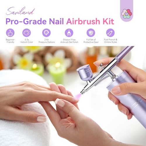 SAVILAND 7-in-1 Nail Airbrush Kit with Gel Colors & Accessories - Black, White, Pink, Nude