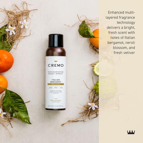 Cremo Italian Bergamot Deodorizing Body Spray for Men, 3.5 Fl Oz - Fresh Fragrance