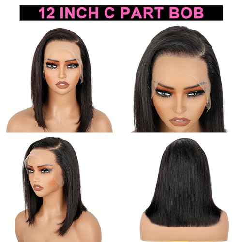 BLY 13x6 HD Lace Front Bob Wig 12 Inch C Part Short Straight Human Hair Wigs Side Part Pre Plucked Glueless Wig for Women Natural Black Color 180 Density