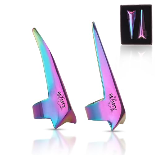 Beauty & Crafts 2PC Pro Hair Parting & Sectioning Rings-Stainless Steel Finger Tool for Precise Hair Styling and Extension Installations - Inculde Straight &Curved Ring with Box (Multi Rainbow)