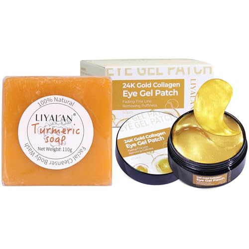 LIYALAN Turmeric Soap Bar for Face & Body Smooth Skin,Deep Cleansing 24K Gold Under Eye Patches for Dark Circles