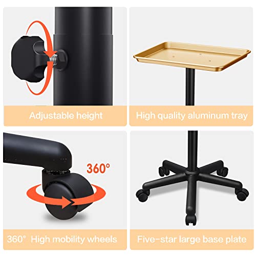 Golden Salon Adjustable Height Aluminum Rolling Tray for Hair & Tattoo Professionals (Golden)