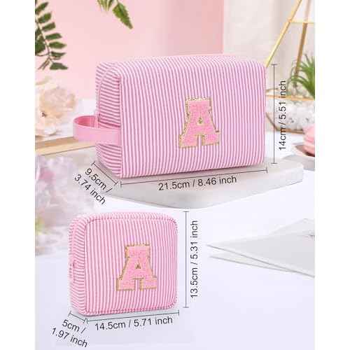 MONSTINA Initial Makeup Bag Set for Girls&Women,Personalized Make Up Case for Girlfriend Graduation Teacher Gifts,Cute Toiletry Bag Preppy Chenille Letter Patch,Pink A