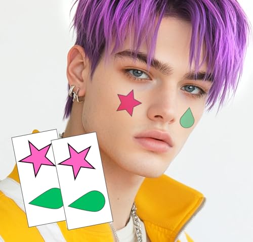 Hisoka Temporary Tattoo, 2-Pack Pink Star & Green Teardrop