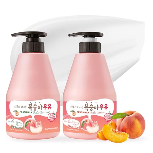 WELCOS Kwailnara Peach Milk Body Lotion & Body Wash Set ? Moisturizing & Revitalizing Korean Skincare Bundle with Peach Extract, 560g / 19.75oz Each