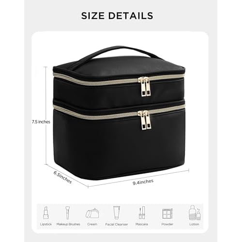 HBlife Double Layer Travel Makeup Bag Portable Cute Leather Cosmetic Bag Large Make Up Bag Makeup Case Organizer Toiletry Bag for Women Girls with Handle and Removable Divider(Black)