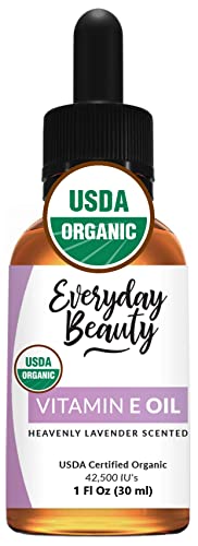 Organic Vitamin E Oil - Heavenly Lavender Scented USDA Certified 100% All Natural Plant Based 1 Fl Oz Glass Bottle & Dropper - Lightweight and Great for Scars After Surgery - For Face, Skin and Nails