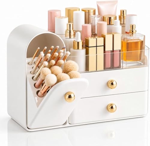 HBlife Makeup Organizer with Drawers & Brush Holder - White & Gold