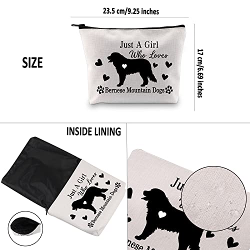 G2TUP Bernese Mountain Dog Lover Gift Who Loves Bernese Mountain Dogs Makeup Bag Bernese Mountain Mom Cosmetic Bag Dog Mama Travel Bag (Just a Girl Who Loves Bernese White Bag)