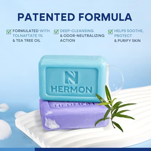 Hermon Antifungal Soap with Tea Tree Oil: Antifungal Treatment Bar Soothing Care & Relief of Itchy for Ringworm, Jock Itch, & Athlete's Foot - Body & Face Wash - Original & Lavender 4Pack