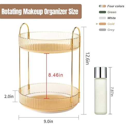 360 Rotating Makeup Organizer for Vanity, Bathroom Countertop Spinning Perfume Organizer, High-Capacity Cosmetic and Skincare Dresser Make Up Holder Rack (2 Tiers, Yellow)