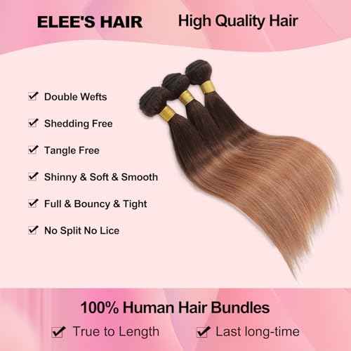 12A Ombre Bundles Human Hair Straight Human Hair 100% Unprocessed Virgin Remy Hair Bundles 2 Tone Black to Honey Brown Human Hair Extensions (T4/30, 12 14 16)