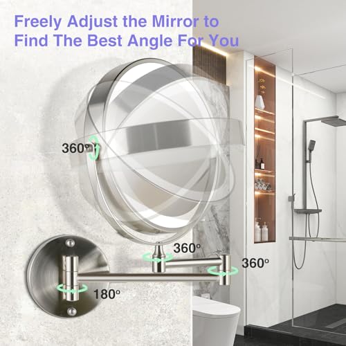 Magnifying Mirror with Lights 1X/20X: 8.5" Double Sided 3000mAh Rechargeable Wall Mounted Lighted Makeup Mirror for Bathroom, Brushed Nickel
