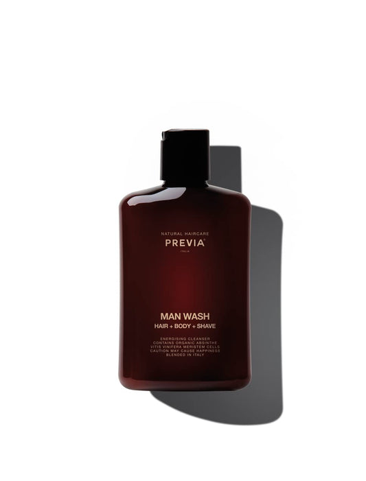 PREVIA Man Wash 3-in-1 Cleanser Hair Shampoo Anti Dandruff Body Wash & Shaving Conditioner Vegan Formula with Organic Absinthe Extract for All Hair Types 8.45 oz