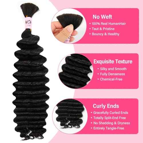 Human Braiding Hair for Boho Braids, 100 Percent Wet and Wavy Human Hair for Boho Knotless 12A Deep Wave Boho Human Braiding Hair Curly Hair Extensions 100g 2 Bundles Natural Color