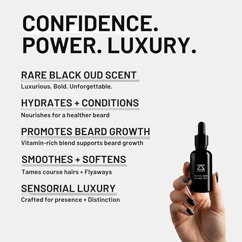 ZOUSZ Black Oud Beard Oil for Men ? Natural Beard Growth Oil with Argan & Avocado Oils ? Sandalwood Scent ? Softens, Strengthens & Conditions Facial Hair ? 30ml Bottle