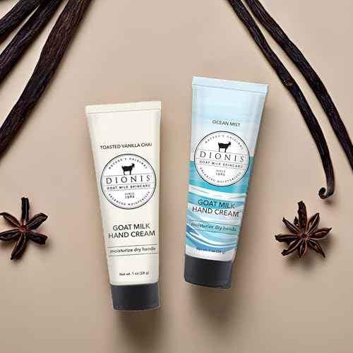 Dionis Goat Milk Skincare Hand Cream Set of 2 - Cruelty Free, Paraben Free Travel Size Moisturizer Duo, Ocean Mist and Toasted Vanilla Chai Scented 1oz Mini Lotions For Dry Hands in a Gift Box
